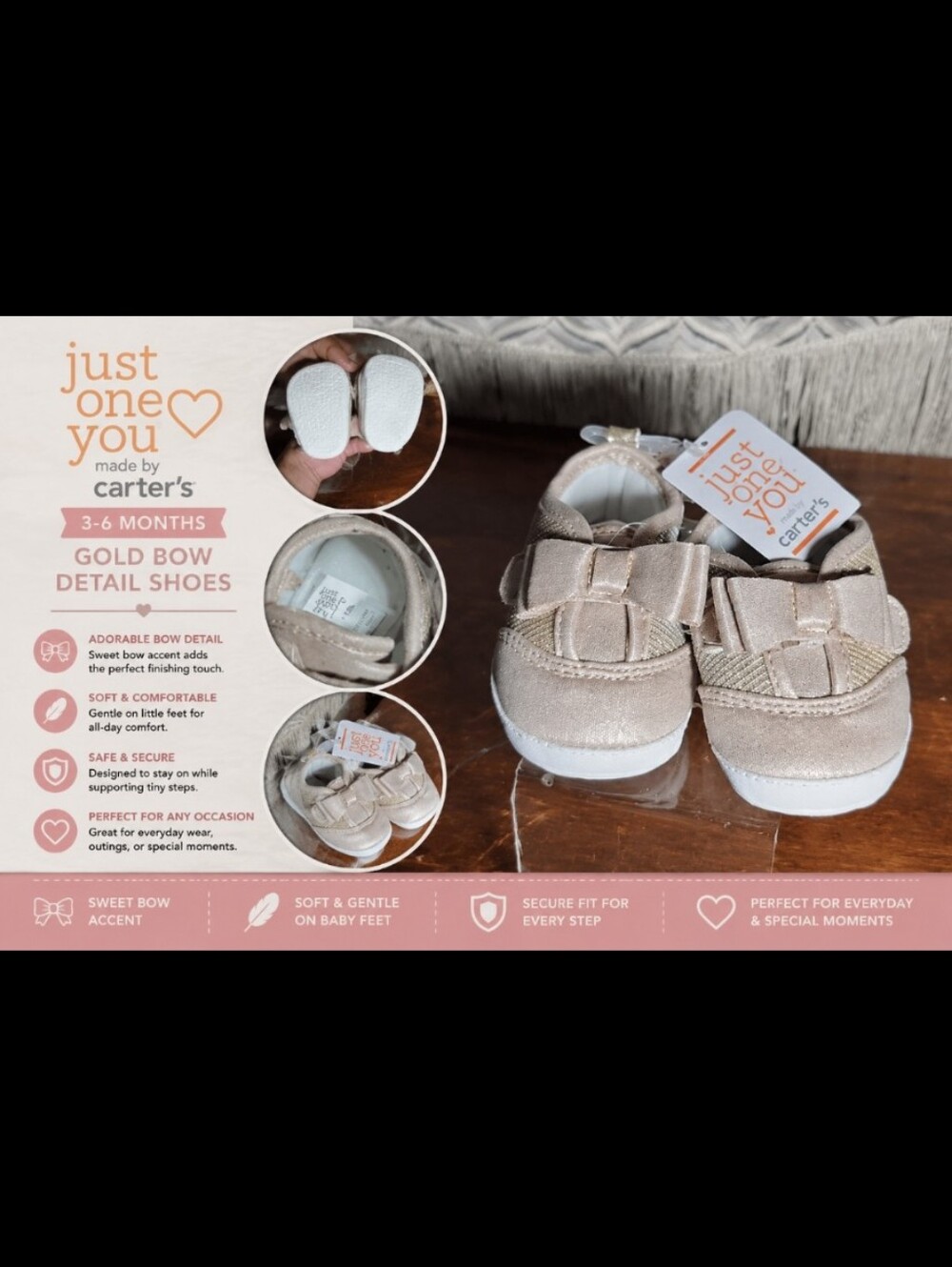 Just One You Carter's 3-6 Months Gold Bow Detail Shoes